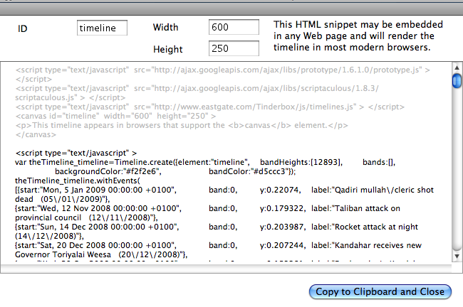 Timeline code export dialog Timeline code export dialog
