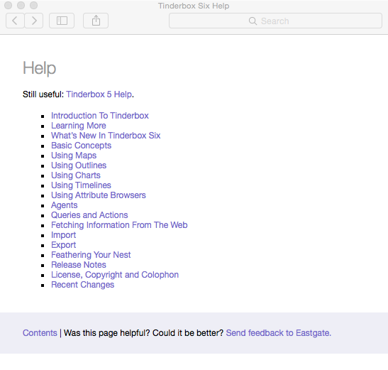 Tinderbox Help dialog Tinderbox Help dialog