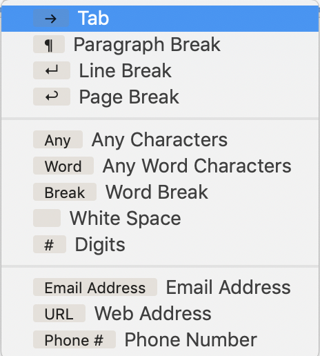 Text pane, Find input Pattern pop-up Text pane, Find input Pattern pop-up