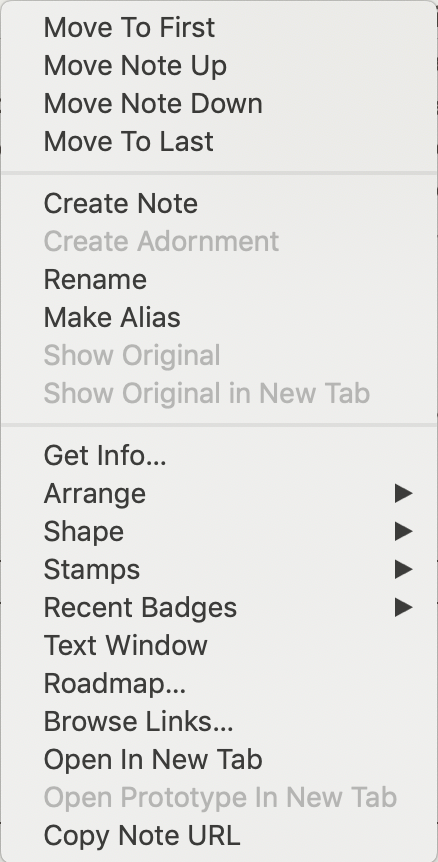 View pane (note selected), pop-up menu View pane (note selected), pop-up menu