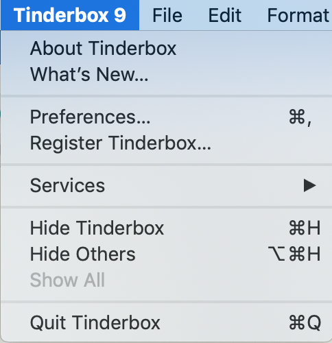 Tinderbox 9 menu Tinderbox 9 menu