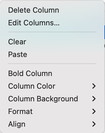 Table view column pop-up menu Table view column pop-up menu