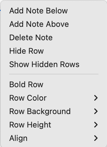 Table view row pop-up menu Table view row pop-up menu